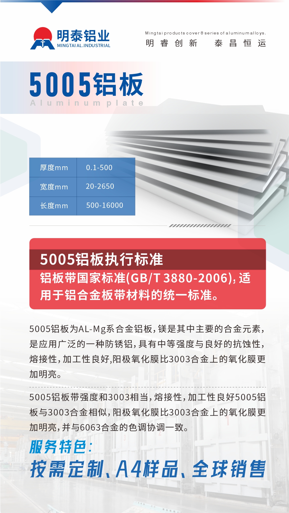 產(chǎn)品介紹

5005鋁板為AL-Mg系合金鋁板，鎂是其中主要的合金元素，是應(yīng)用廣泛的一種防銹鋁，具有中等強度與良好的抗蝕性，熔接性，加工性良好,陽極氧化膜比3003合金上的氧化膜更加明亮。

5005鋁板帶強度和3003相當(dāng)，熔接性，加工性良好5005鋁板與3003合金相似，陽極氧化膜比3003合金上的氧化膜更加明亮，并與6063合金的色調(diào)協(xié)調(diào)一致。服務(wù)特色：按需定制、A4樣品、全球銷售!

