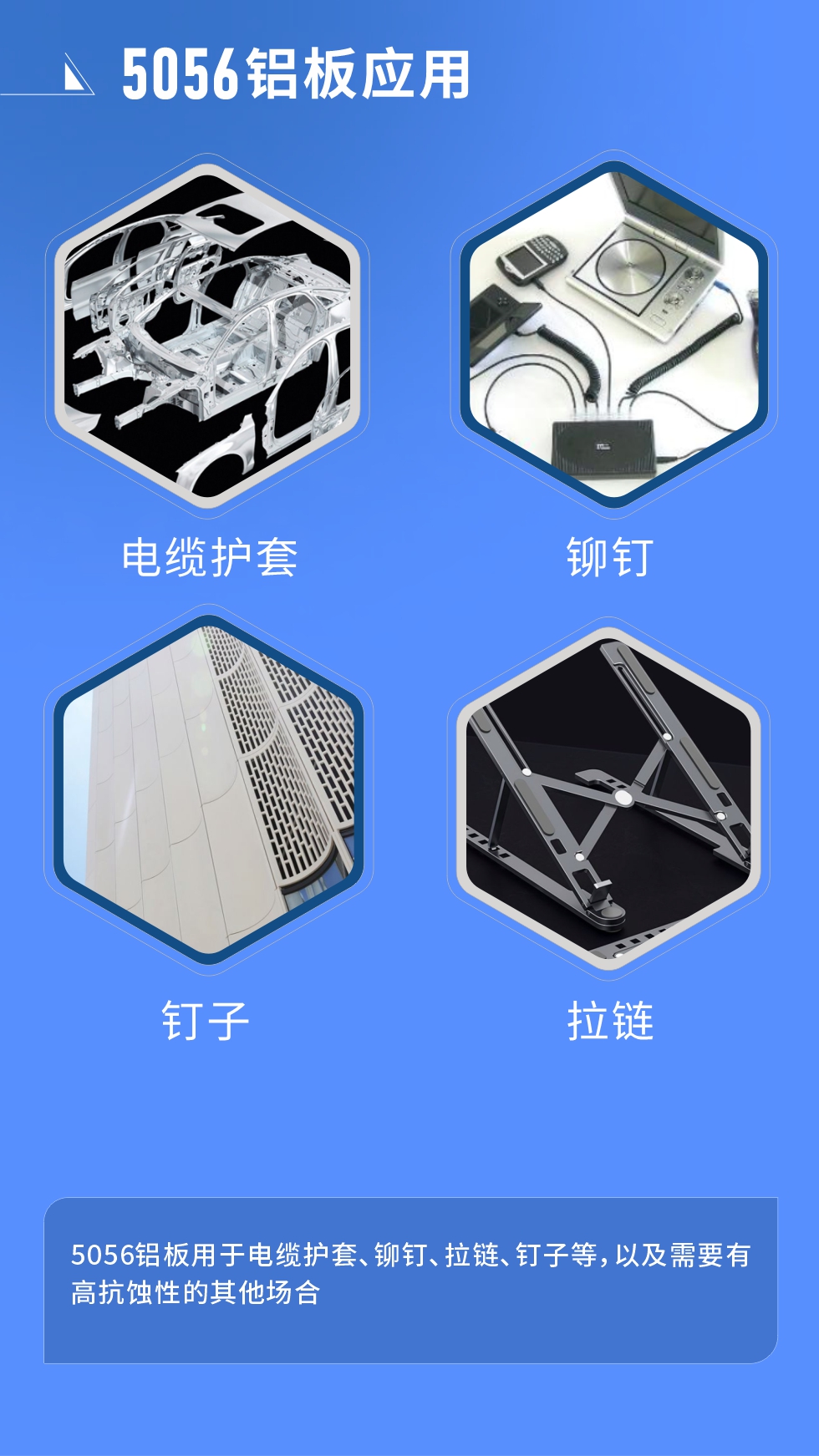 市場(chǎng)應(yīng)用
　　5056鋁板用于電纜護(hù)套、鉚釘、拉鏈、釘子等，以及需要有高抗蝕性的其他場(chǎng)合。
　　5056鋁板生產(chǎn)廠家
　　明泰鋁業(yè)支持定做，為用戶合理推薦更合理產(chǎn)品規(guī)格，并提供優(yōu)惠報(bào)價(jià)，讓您選購無憂。
　　明泰鋁業(yè)是一家集科研、加工、制造為一體的大型現(xiàn)代化鋁加工企業(yè)。公司可生產(chǎn)1-8系鋁板帶箔產(chǎn)品，規(guī)格齊全。