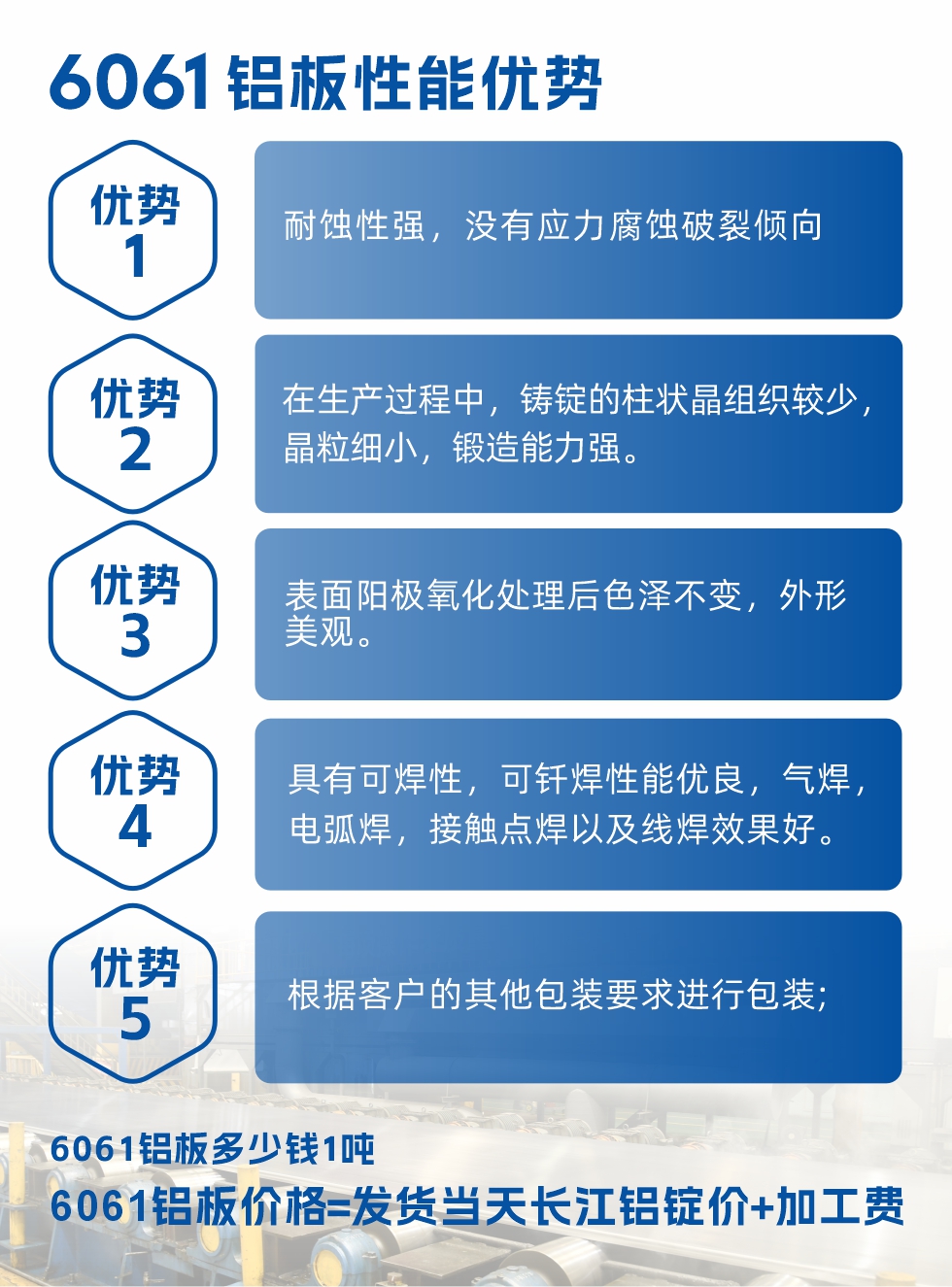 明泰鋁業(yè)6061鋁板性能優(yōu)勢

　　1、耐蝕性強(qiáng)，沒有應(yīng)力腐蝕破裂傾向。

　　2、在生產(chǎn)過程中，鑄錠的柱狀晶組織較少，晶粒細(xì)小，鍛造能力強(qiáng)。

　　3、表面陽極氧化處理后色澤不變，外形美觀。

4、具有可焊性，可釬焊性能優(yōu)良，氣焊，電弧焊，接觸點(diǎn)焊以及線焊效果好。