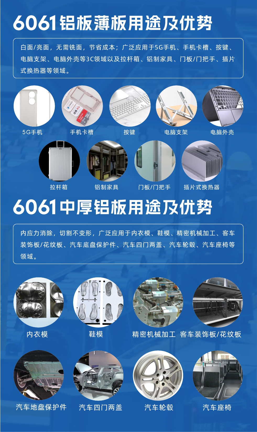6061鋁板薄板用途及優(yōu)勢:白面/亮面，無需銑面，節(jié)省成本；廣泛應(yīng)用于5G手機(jī)、手機(jī)卡槽、按鍵、電腦支架、電腦外殼等3C領(lǐng)域以及拉桿箱、鋁制家具、門板/門把手、插片式換熱器等領(lǐng)域。
6061中厚鋁板用途及優(yōu)勢:內(nèi)應(yīng)力消除，切割不變形，廣泛應(yīng)用于內(nèi)衣模、鞋模、精密機(jī)械加工、客車裝飾板/花紋板、汽車底盤保護(hù)件、汽車四門兩蓋、汽車輪轂、汽車座椅等領(lǐng)域。
