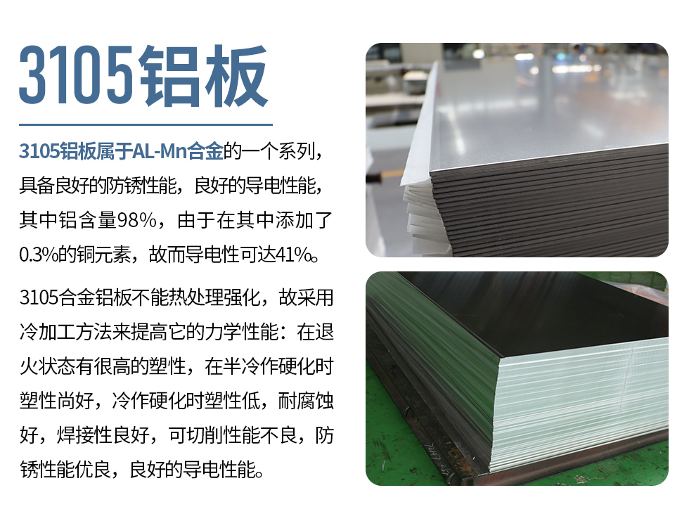 3105鋁板屬于AL-Mn合金的一個(gè)系列，具備良好的防銹性能，良好的導(dǎo)電性能，其中鋁含量98%，由于在其中添加了0.3%的銅元素，故而導(dǎo)電性可達(dá)41%。
3105合金鋁板不能熱處理強(qiáng)化，故采用冷加工方法來提高它的力學(xué)性能：在退火狀態(tài)有很高的塑性，在半冷作硬化時(shí)塑性尚好，冷作硬化時(shí)塑性低，耐腐蝕好，焊接性良好，可切削性能不良，防銹性能優(yōu)良，良好的導(dǎo)電性能。