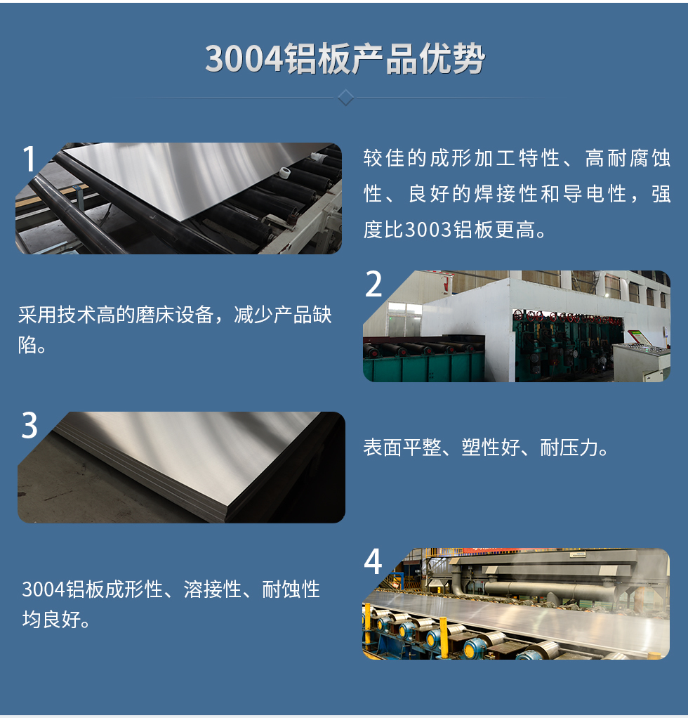 3004鋁板產(chǎn)品優(yōu)勢(shì)
　　1、較佳的成形加工特性、高耐腐蝕性、良好的焊接性和導(dǎo)電性，強(qiáng)度比3003鋁板更高。
　　2、采用技術(shù)高的磨床設(shè)備，減少產(chǎn)品缺陷。
　　3、表面平整、塑性好、耐壓力。
　　明泰3004鋁板優(yōu)勢(shì)
　　1、3004鋁板成形性、溶接性、耐蝕性均良好。
　　2、好的成形加工特性、高耐腐蝕性、良好的焊接性和導(dǎo)電性，強(qiáng)度比3003鋁板更高。
　　3、3004鋁板表面平整、塑性好、耐壓力;
　　4、采用國(guó)際先進(jìn)的磨床設(shè)備，減少產(chǎn)品缺陷。