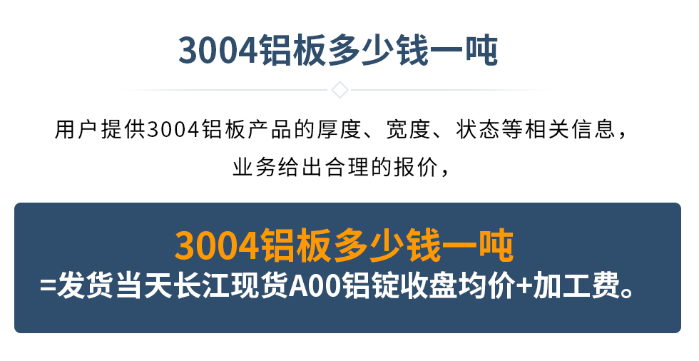 3004鋁板多少錢一噸
　　用戶提供3004鋁板產(chǎn)品的厚度、寬度、狀態(tài)等相關(guān)信息，業(yè)務(wù)給出合理的報(bào)價(jià)，
　　3004鋁板多少錢一噸=發(fā)貨當(dāng)天長(zhǎng)江現(xiàn)貨A00鋁錠收盤均價(jià)+加工費(fèi)。
　  3004鋁板生產(chǎn)廠家_明泰鋁業(yè)
